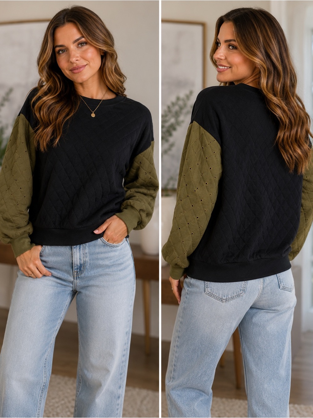 REVOLVE ENGLISH ROSE QUILTED SWEATSHIRT BLACK & ARMY COTTON BLEND SWEATSHIRT L